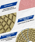 4 Inch Diamond Polishing Pads For Concrete And Stone Floors 50 Grit 12 Pack Wet Polishing Kit With Spiral Turbo Design features including nylon backing, diamond material, and spiral turbo pattern.