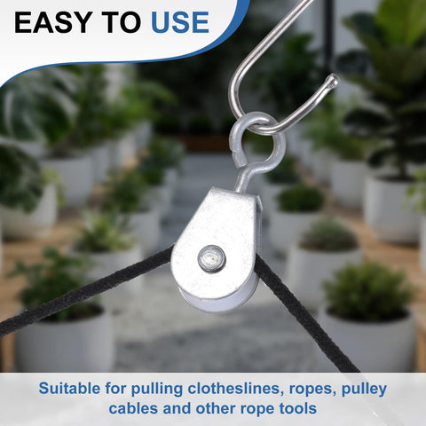 Mini Iron Pulley Wheel Set 0.43 Inch Inner Diameter 2.32 Inch Length 10 Pack Single Sheave Lifting Pulley in use with clothesline