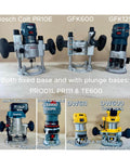 Various models of routers for woodworking projects, including Bosch and DeWalt, shown with fixed and plunge bases.