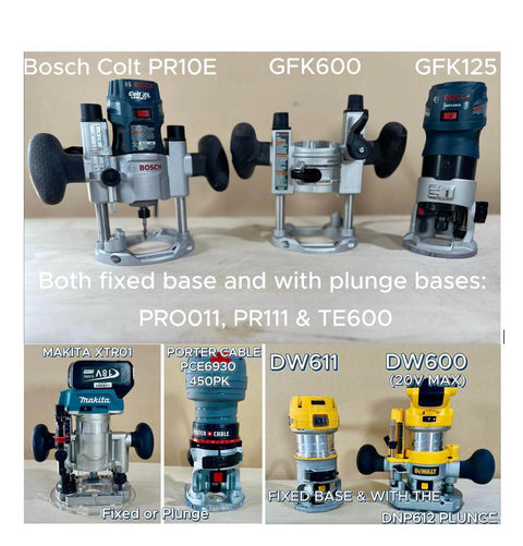 Various models of routers for woodworking projects, including Bosch and DeWalt, shown with fixed and plunge bases.