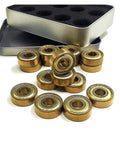 Gold Titanium 608zz 627z Skate Bearings Pack Abec 9 For Inline Skates Speed Skates Skateboards Longboards And Scooters Ultra Smooth Quiet Ride Crazy Fast 16 Piece Set shown with open metal case.