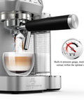 Straight Up Premium Barista Grade Semi Automatic Espresso Machine With Self Cleaning Milk Frother brewing cappuccino with pressure gauge.