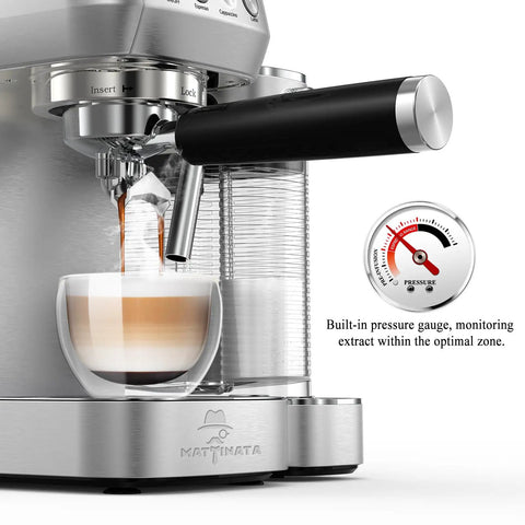 Straight Up Premium Barista Grade Semi Automatic Espresso Machine With Self Cleaning Milk Frother brewing cappuccino with pressure gauge.