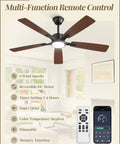 Slick 52 Inch Ceiling Fan With Flat Out Bright Light Smart App Control Dimmable Lamps showing remote and features in living room.