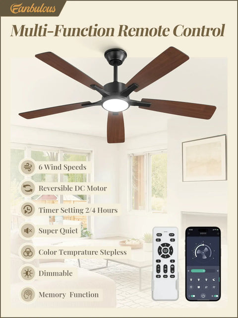 Slick 52 Inch Ceiling Fan With Flat Out Bright Light Smart App Control Dimmable Lamps showing remote and features in living room.