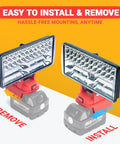 Cordless LED Work Light For M18 Battery, 9000 Lumens Flood Light With Dual USB Charging, Battery Powered Battery Not Included shown with install and remove functionality.