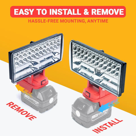 Cordless LED Work Light For M18 Battery, 9000 Lumens Flood Light With Dual USB Charging, Battery Powered Battery Not Included shown with install and remove functionality.