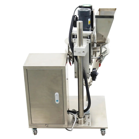 Rock Solid Semi Automatic Powder Filling Machine Crafted From Heavy Duty Stainless Steel With No Fuss Touchscreen Setup Perfect For Quick Desktop Packing Tasks Smooth Stepper Motor Drives, front view.