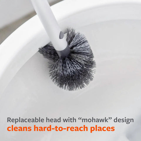 Toilet Brush With Ceramic Holder And Instant Dry Coating For Mold And Mildew Prevention, White Mohawk Bristle in use cleaning toilet.