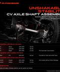 Premium Grade Front Left Driver Side CV Axle Shaft Assembly Hella Tough CV Joint connected to vehicle suspension.