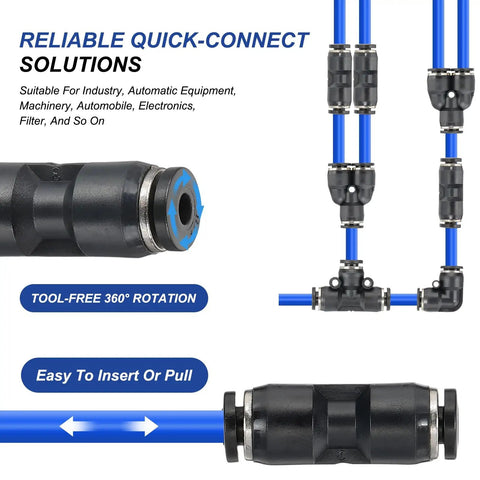 Push To Connect Fittings Reducing 5/16 Inch To 1/4 Inch Tube OD Quick Connector for Water Oil Gas Air Lines, showing tool-free rotation and insertion features