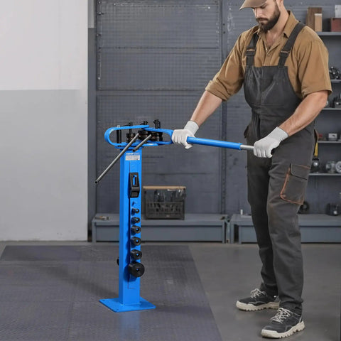 VEVOR Manual Pipe Bender With 14 Dies in use, bending copper pipe on heavy-duty blue stand, ideal for HVAC repairs.