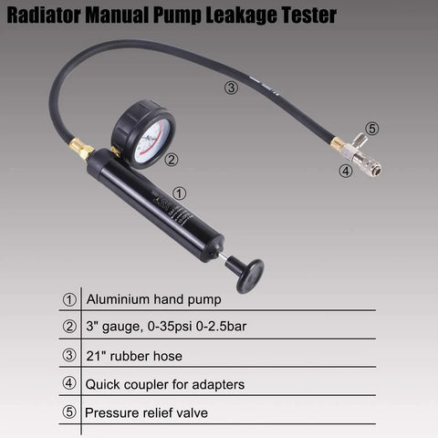Radiator Manual Pump Leakage Tester from Built Tough 33 Piece Radiator Pressure Tester And Coolant Vacuum Refill Kit with gauge and hose.