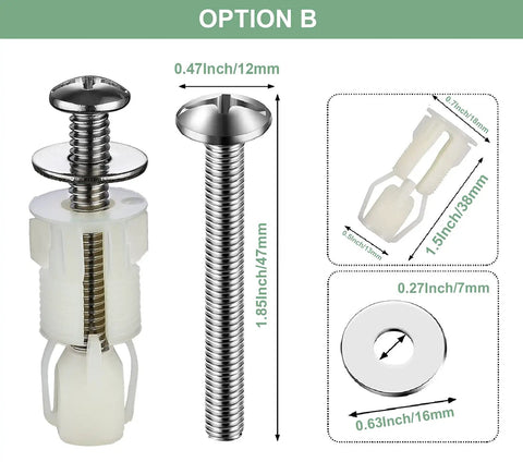 Rust Resistant Universal Toilet Seat Bolts And Nuts Kit With Brass Thread Inserts for Easy DIY Install, dimensions shown