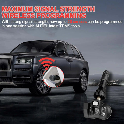 2 In 1 MaxiTPMS Tire Pressure Sensor 315MHz And 433MHz Press In OE Level Programmed With Rubber Valve Universal TPMS Sensor shown with car
