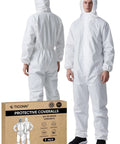 Go Getter Breathable Hazmat Suit And Disposable Coveralls Serving Up Slick Full Body Protection For Painters And Lab Crews With Fast Adjust Zipper And Heavy Duty Dust Shield Gear, white protective coveralls worn by a model.
