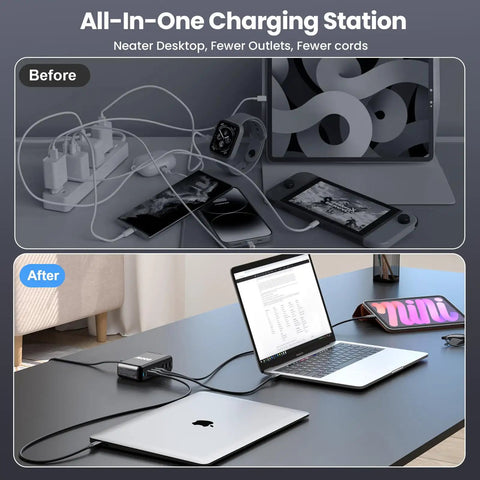 Before and after setup with 600W USB C Charger Hub With 8 Ports Fast Charge Station GaN PPS PD 140W 100W Power Adapter.