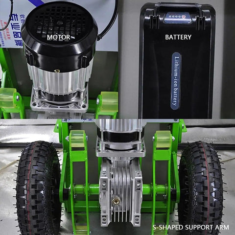 Heavy Duty Electric Stair Climber Hand Truck Workhorse For Moving Heavy Objects With Aluminum Alloy Frame Lightweight Yet Rugged S Shaped Support Arm Up Stairs Appliances And Boxes close-up motor, battery, and wheels