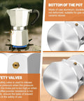 3 Cup Aluminum Espresso Stovetop Moka Pot Coffee Maker For Quick Espresso Percolator Style Italian Mocha Pot showcasing safety valve and bottom details for gas and ceramic stoves
