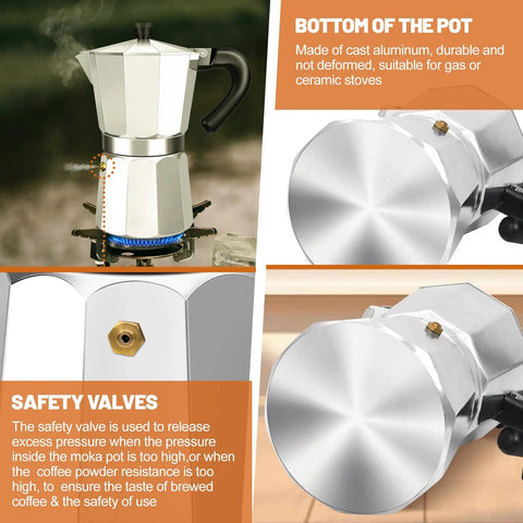 3 Cup Aluminum Espresso Stovetop Moka Pot Coffee Maker For Quick Espresso Percolator Style Italian Mocha Pot showcasing safety valve and bottom details for gas and ceramic stoves