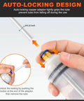 Automotive fluid extractor pump with clear reservoir; hand attaches nozzle to blue and gold auto-locking collar.