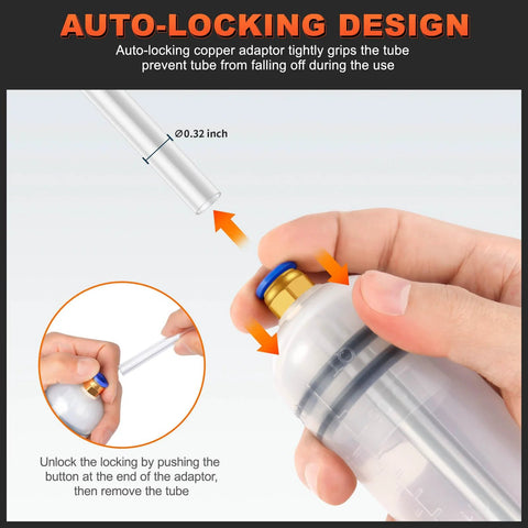 Automotive fluid extractor pump with clear reservoir; hand attaches nozzle to blue and gold auto-locking collar.
