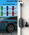 Heavy Duty Level 2 Ev Charger With 24 Amp Adjustable Output For Electric Vehicles mounted on wall with LED status lights displayed.