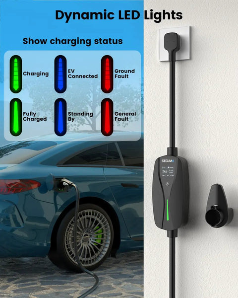 Heavy Duty Level 2 Ev Charger With 24 Amp Adjustable Output For Electric Vehicles mounted on wall with LED status lights displayed.