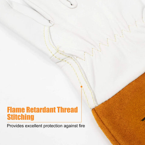 Close-up of Heavy Duty Working Gloves 5 Pairs For Tig Welding With Cowhide Split Leather, flame retardant stitching detail