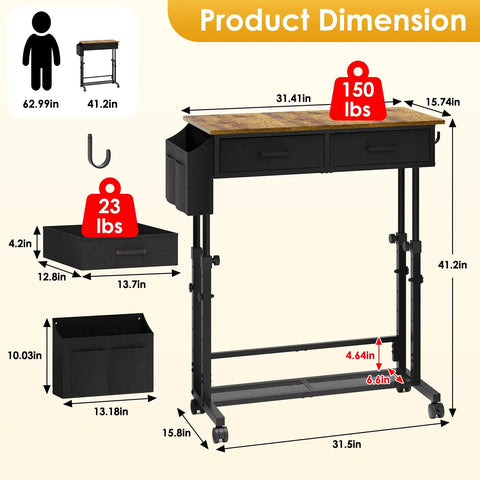 Rolling Height Adjustable Standing Desk On Wheels With Two Fabric Drawers And Storage Shelf Side Pocket And Hook Portable Laptop Table For Home Office Or Small Spaces 31.4 In By 15.7 In Rustic Brown, showing dimensions and weight capacity.