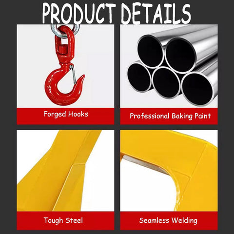 Beefy 6600 LB Forklift Jib Boom Crane Attachment With Extra Tough Steel Body And Hella Flexible 0 To 75 Degree Adjustable Tilt For Warehouse Factory Or Construction Lifting Hook showing forged hooks, tough steel, and seamless welding.