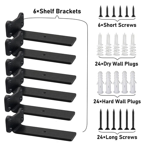 Heavy Duty L Shaped Shelf Brackets Set Premium Solid Steel 0.2 Inch Thick Black Rustic Wall Mount Shelving Supports For 6 Inch Floating Shelves 6 Pack Industrial Hardware with screws and wall plugs