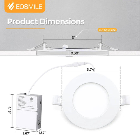 EOSMILE 3 Inch White LED Recessed Lighting with Night Light, 6 Pack product dimensions diagram with measurements