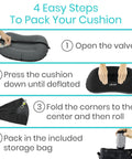 Vive Inflatable Lumbar Pillow For Car Office Airplane Travel Comfort adjustable instructions for packing into storage bag.