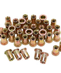 Badass M6 Rivet Nuts Flat Head Threaded Inserts Knurled Zinc Plated Carbon Steel Metric Nutserts in assorted sizes.