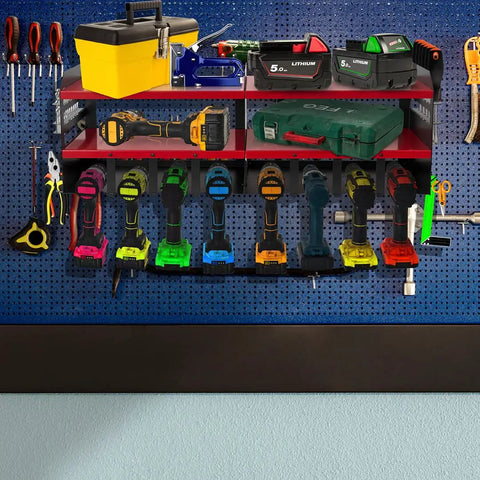 Cordless Drill Charging Station With Eight Drill Holders Heavy Duty Power Tool Organizer Wall Mount Shelf display in garage
