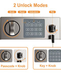 Home Safe 1.9 Cubic Feet With Adjustable Shelf And Two Tier Interior Soft Felt Lined Base For Storing Cash Jewelry Documents And Handguns Boss Level Security Safe For Home Office Or Hotel showing two unlock modes with passcode and key options.
