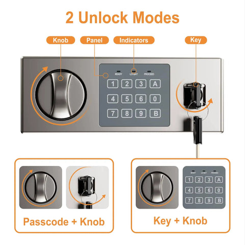 Home Safe 1.9 Cubic Feet With Adjustable Shelf And Two Tier Interior Soft Felt Lined Base For Storing Cash Jewelry Documents And Handguns Boss Level Security Safe For Home Office Or Hotel showing two unlock modes with passcode and key options.
