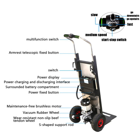 Heavy Duty Electric Stair Climber Cart With 30Ah Battery features multifunction switch and power display for easy use.