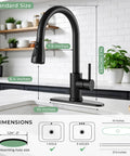 Matte Black Pull Down Kitchen Sink Faucet In Solid Stainless Steel With Single Handle Spray Head For Zero Drip Action And A Super Clean Modern Kitchen Glow Up Built Tough For Day To Day, showcasing dimensions.