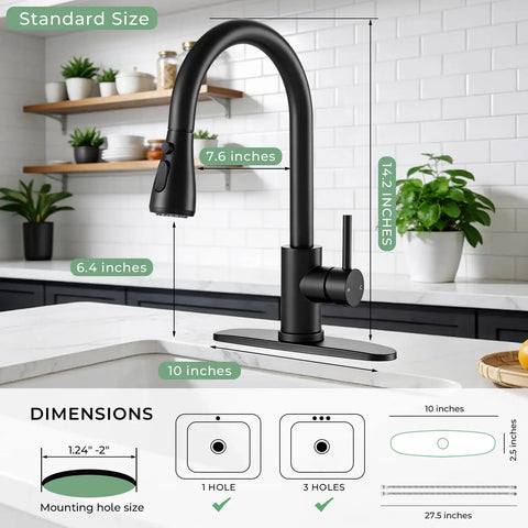 Matte Black Pull Down Kitchen Sink Faucet In Solid Stainless Steel With Single Handle Spray Head For Zero Drip Action And A Super Clean Modern Kitchen Glow Up Built Tough For Day To Day, showcasing dimensions.