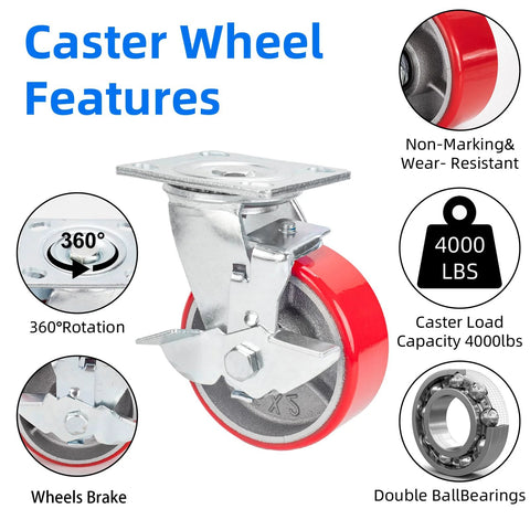 5 Inch Industrial Caster Set Of 4 With Brakes, Heavy Duty Swivel Plate Casters With Quiet Polyurethane Wheels On Steel Hubs