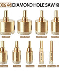 Heavy Duty 10 Piece Diamond Hole Saw Kit With Brazed Coating For Drilling Tile Ceramic Marble And Glass 1/4 To 2 Inch Sizes, various sizes shown.