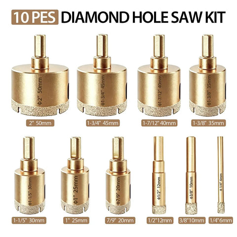 Heavy Duty 10 Piece Diamond Hole Saw Kit With Brazed Coating For Drilling Tile Ceramic Marble And Glass 1/4 To 2 Inch Sizes, various sizes shown.