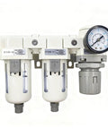 3/8 Inch NPT Compressed Air Filter And Regulator Combo With Water And Oil Trap Separator, featuring a pressure gauge and dual filters