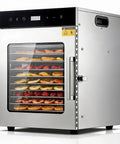 Straight Up Heavy Duty Large Food Dehydrator With Ten Rock Solid Stainless Steel Trays shows fruit slices drying on racks.