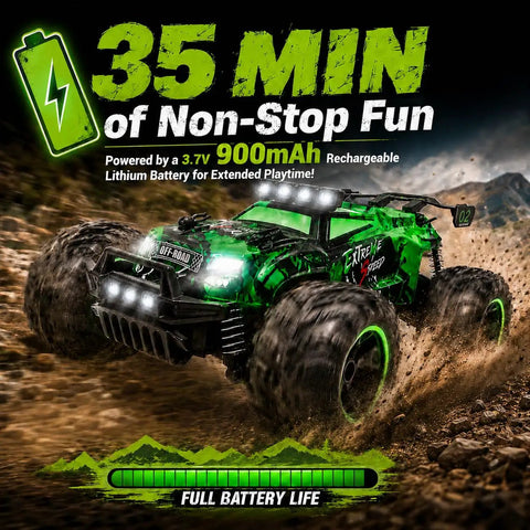 Dope 2.4GHz 1:18 RC Car For Beginners With LED Lights, off-road in action with dust trail, featuring 35 min battery life.