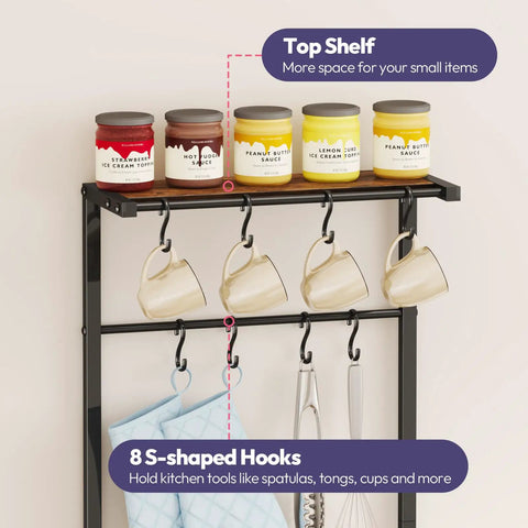 Espresso Bakers Rack With Storage For Coffee Bar And Kitchen Station Shelves Top Surface For Small Appliances 8 Hooks And Baskets