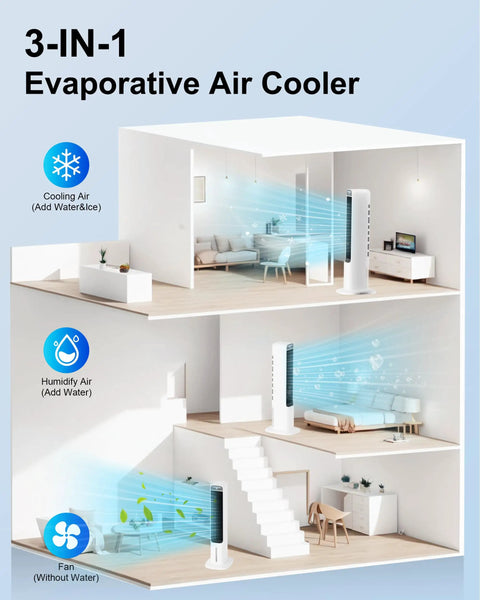 Portable Swamp Cooler Evaporative Air Conditioner 41 Inch With 120 Degree Oscillation 3 In 1 Cooling Fan in multi-room illustration