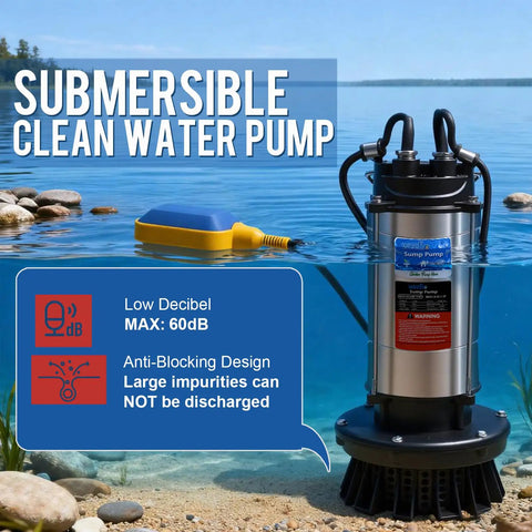 Beastly 1.6HP Submersible Sump Pump With Automatic Float Switch displayed in a clean water setup, emphasizing low decibel feature.